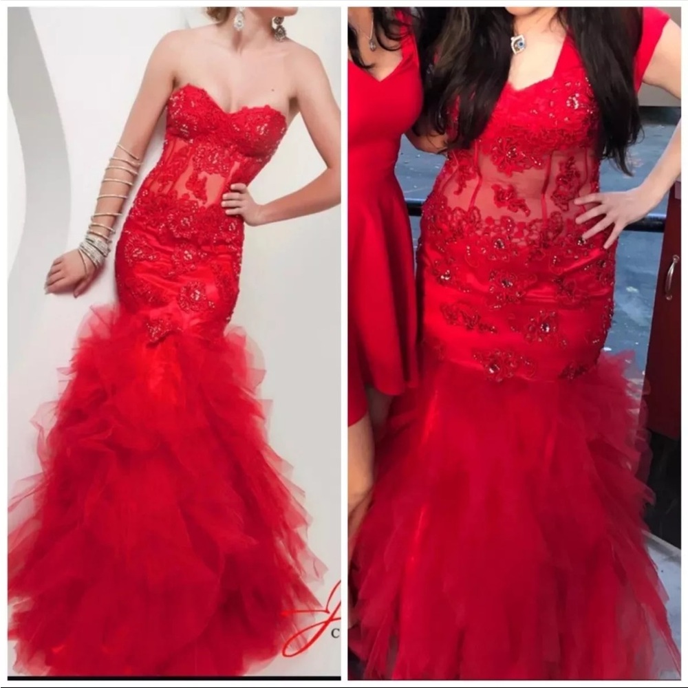 JASZ COUTURE HOT SEXY RED LACE  MERMAID SATIN TULLE FORMAL DRESS SIZE 12